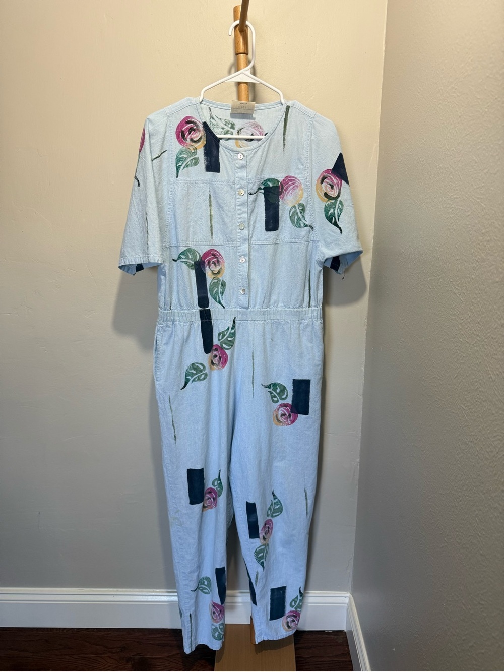 1980’s Vintage Alegre Play Hand Painted Floral Blue Jumpsuit Women’s Size S/M